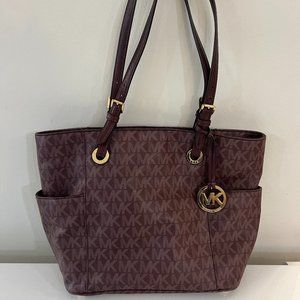 Michael Kors Signature Tote Leather MK Jacquard Design Maroon/Burgundy